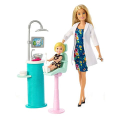 Barbie doll in a doctor's outfit with a patient and medical playset on a white background available at Juniors Toys 