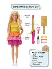 Barbie Ultimate Curls Set with doll, styling tools, and product list on a white background available at Juniors Toys