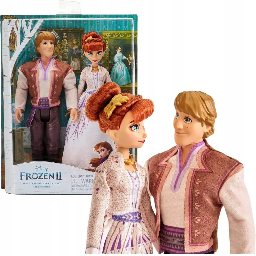 Two dolls resembling characters from 'Frozen II' with a packaging box in the background available at Juniors Toys.