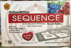 Box of Sequence board game with colorful components on a white background available at Juniors Toys