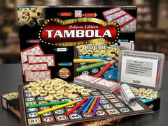 Tambola game set with board, cards, and dice on a table available at Juniors Toys