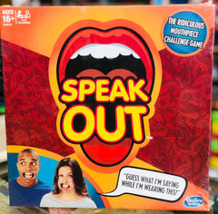 Board game box for 'Speak Out' with a mouth graphic and two people's faces on a colorful background availble at Juniors Toys