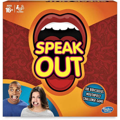Board game box for 'Speak Out' with a mouth graphic and two people reacting on the cover available at Juniors Toys