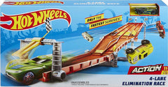 Packaging for the 4-Lane Elimination Race featuring cars competing on four parallel tracks available at Juniors Toys