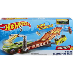 Hot Wheels Action 4-Lane Elimination Race track set showing a large orange gravity drop ramp available at Juniors Toys