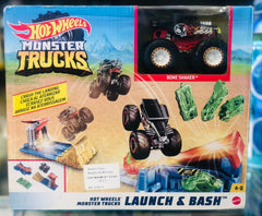 Detailed packaging of Hot Wheels Monster Trucks Launch and Bash stunt playset available at Juniors Toys
