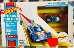 Hot Wheels Track Builder Unlimited Fold Up Track Pack main packaging showing a blue racing car and long orange tracks available at Juniors Toys
