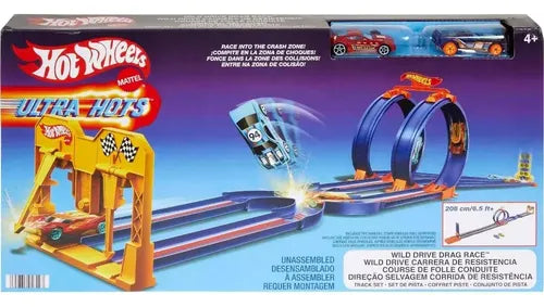 Hot Wheels Ultra Hots Wild Drive Drag Race track set featuring blue double loops and orange track pieces  available at Juniors Toys