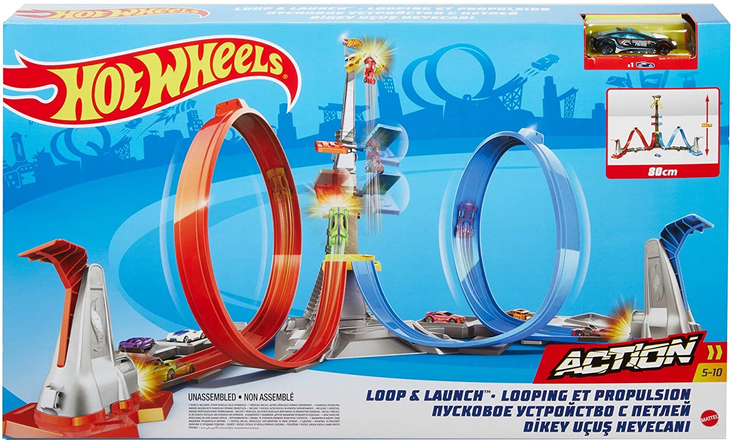 Hot Wheels Loop & Launch toy set packaging with tracks and cars on a blue background available at Juniors Toys