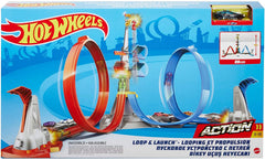 Hot Wheels Loop & Launch toy set packaging with tracks and cars on a blue background available at Juniors Toys