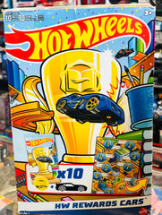 Hot Wheels HW Rewards Cars 10-pack featuring a gold trophy and blue sports car available at Juniors Toys