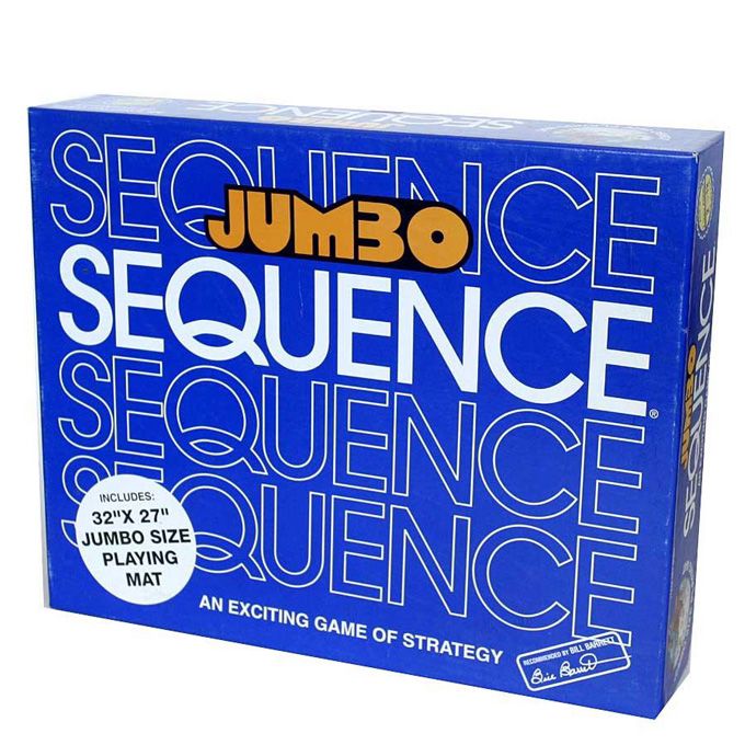 Blue box of Sequence Jumbo board game with white and yellow text availble at Juniors Toys