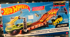 Detailed view of the 4-Lane Elimination Race box showing the high-speed racing action available at Juniors Toys