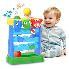 Child playing with a colorful toy that has fish and a crab on a white background available at Juniors Toys