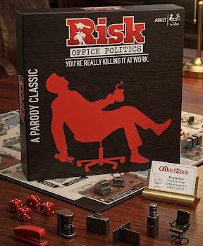 Risk Office Politics game box with office-themed accessories on a wooden surface available at Juniors Toys