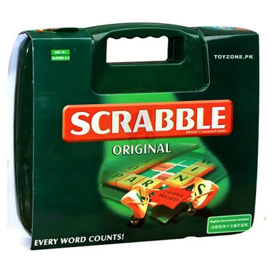 Scrabble game box with green carrying case available at Juniors Toys