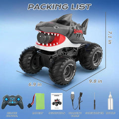 Shark-shaped remote control car with packaging list on a blue background available at Juniors Toys