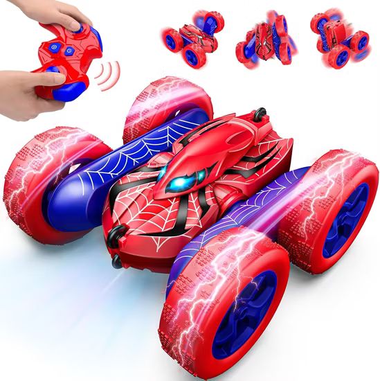 Red and blue toy car with spider-Man design, controlled by a remote available at Juniors Toys