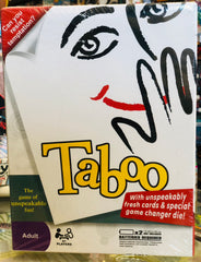 Taboo game box with a stylized face design on a shelf available at Juniors Toys