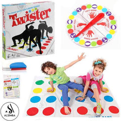 Twister game set with box, mat, and spinner, featuring children playing availale at Juniors Toys