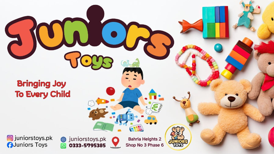 Advertisement for Juniors Toys with colorful toys and branding elements on a white background.