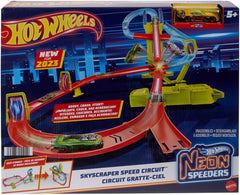 Close-up shot of the included Hot Wheels car and the motorized booster mechanism of the Skyscraper Speed Circuit set available at Juniors Toys